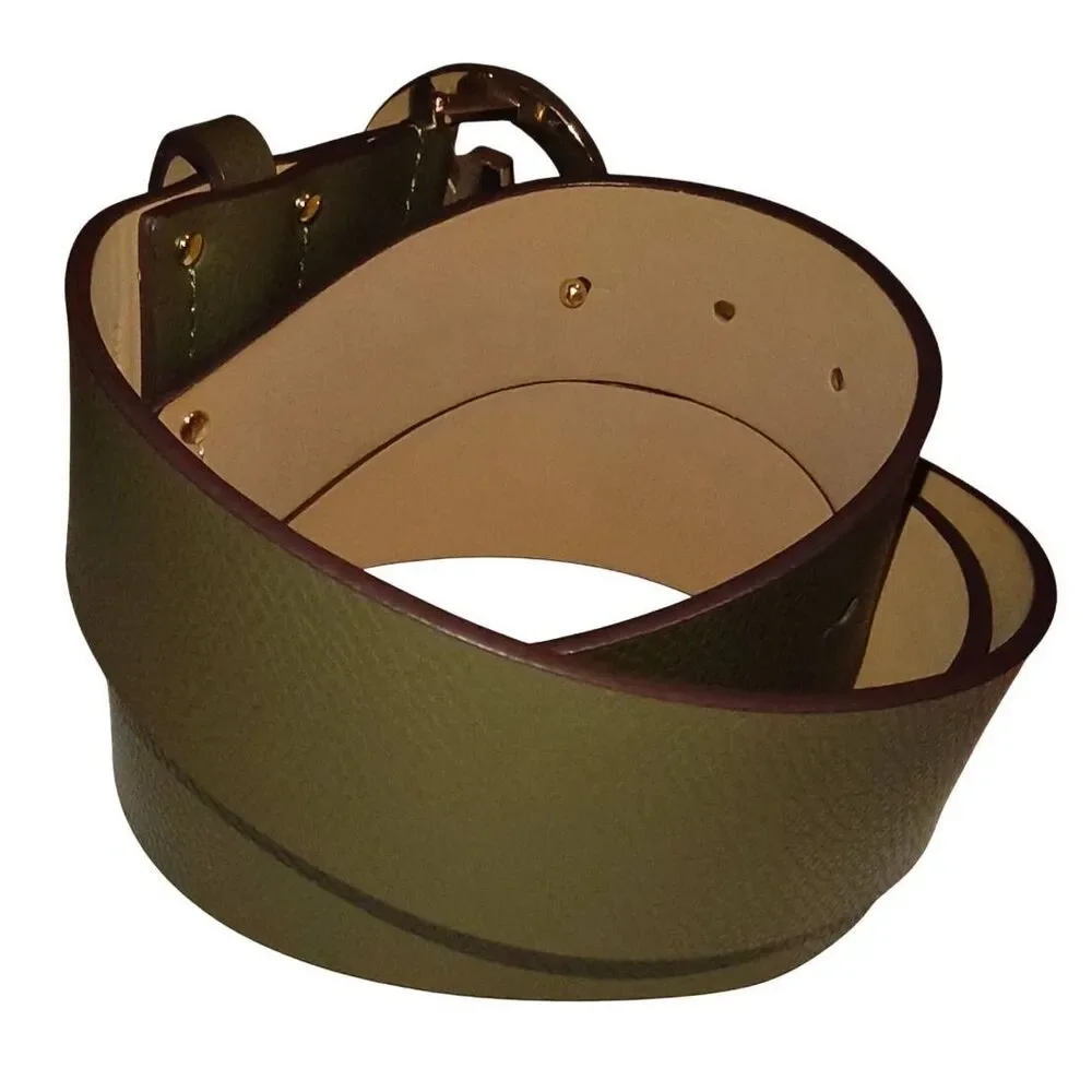Michael Kors Belt Women Size XL Green Genuine Leather Classic MK Logo Gold toned